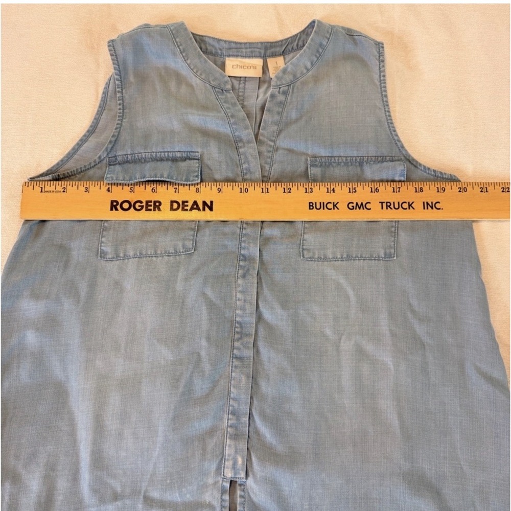 Chico's Blue Lyocell Sleeveless Tie Front Button Down Top Size 1 - Picture 8 of 9